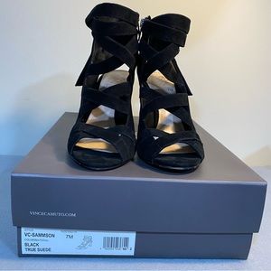 Vince Camuto Black Suede Sammson Cross-Strap Block Heel Sandal, Women’s size 7